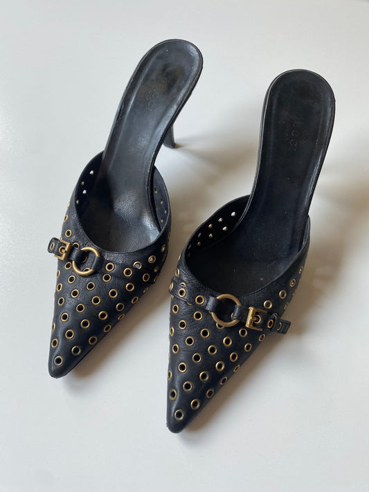 Gucci Gold Stud Black Mules 37